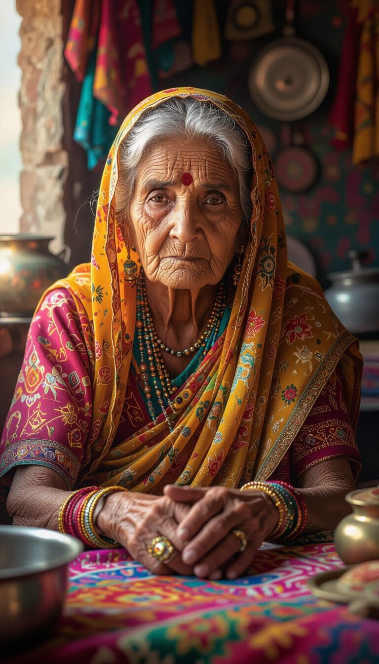 Elderly Woman in Rajasthan, Hyperrealistic Style