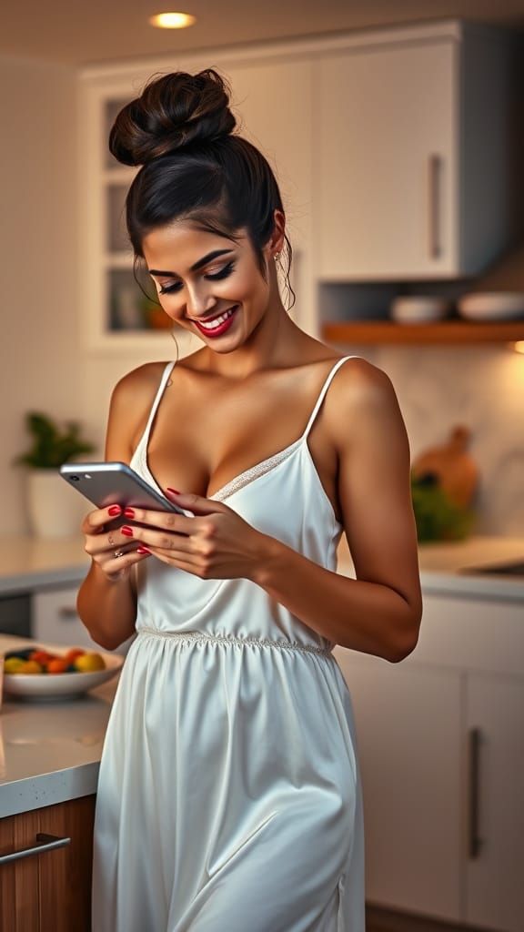 Elegant Latina Housewife in Modern Kitchen at Sunset