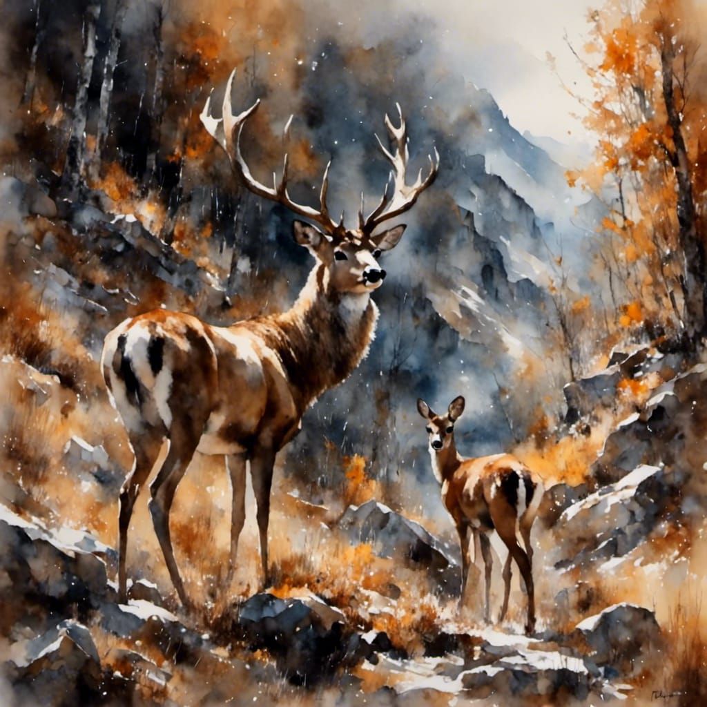Deer in Mountains with Brushwork Aesthetic