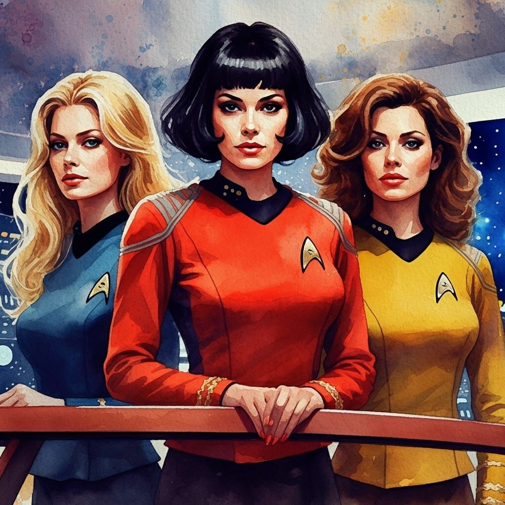 Vibrant Starfleet Officers in Impressionistic Watercolor