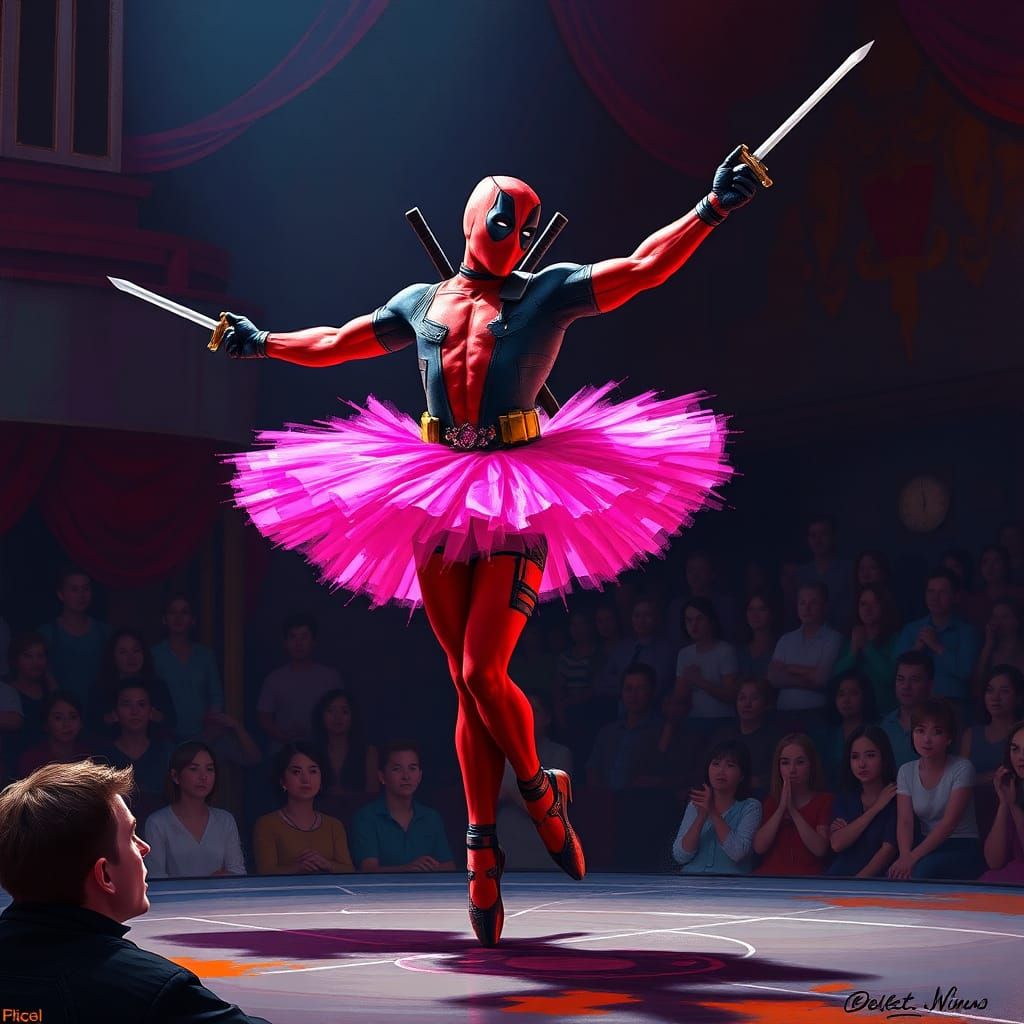 Deadpool's Ballet: Pink Tutu Pirouette in Digital Art Style