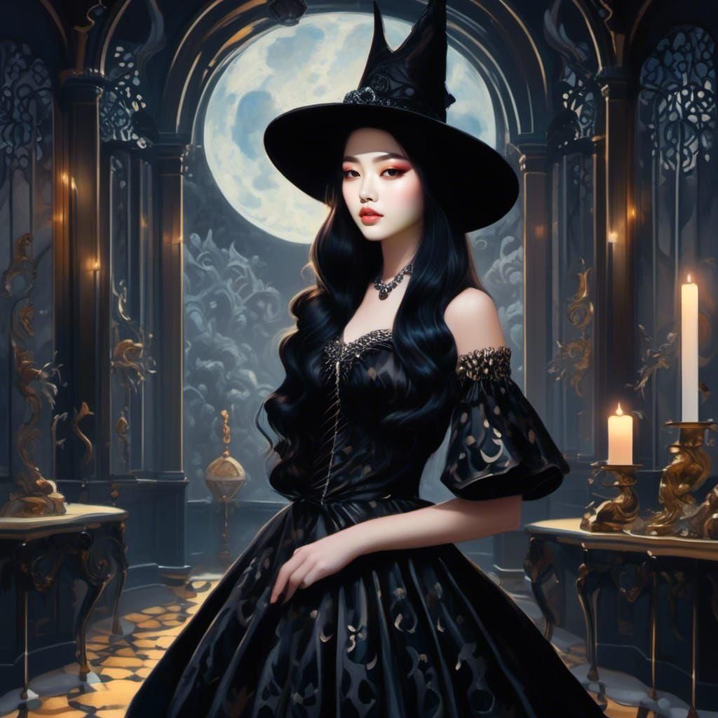 Teenage Witch in Gothic Dress: Watercolor Fantasy