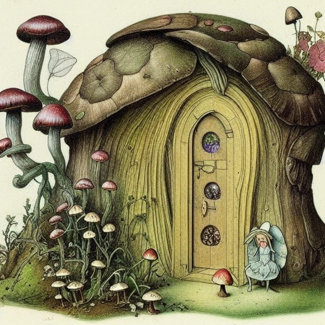 Mushroom Fairy House in Botanical Drawing Style