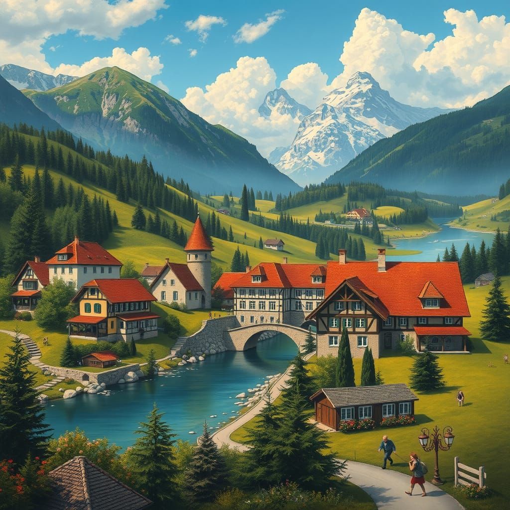 Bavarian Village in Romantic Style Landscape