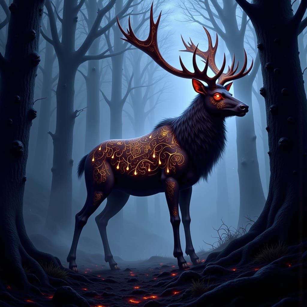 Runic Stag in Misty Forest Dark Fantasy Illustration