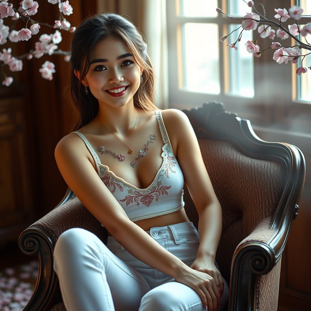 Hyperrealistic Photo of Woman in Embroidered Top on Armchair