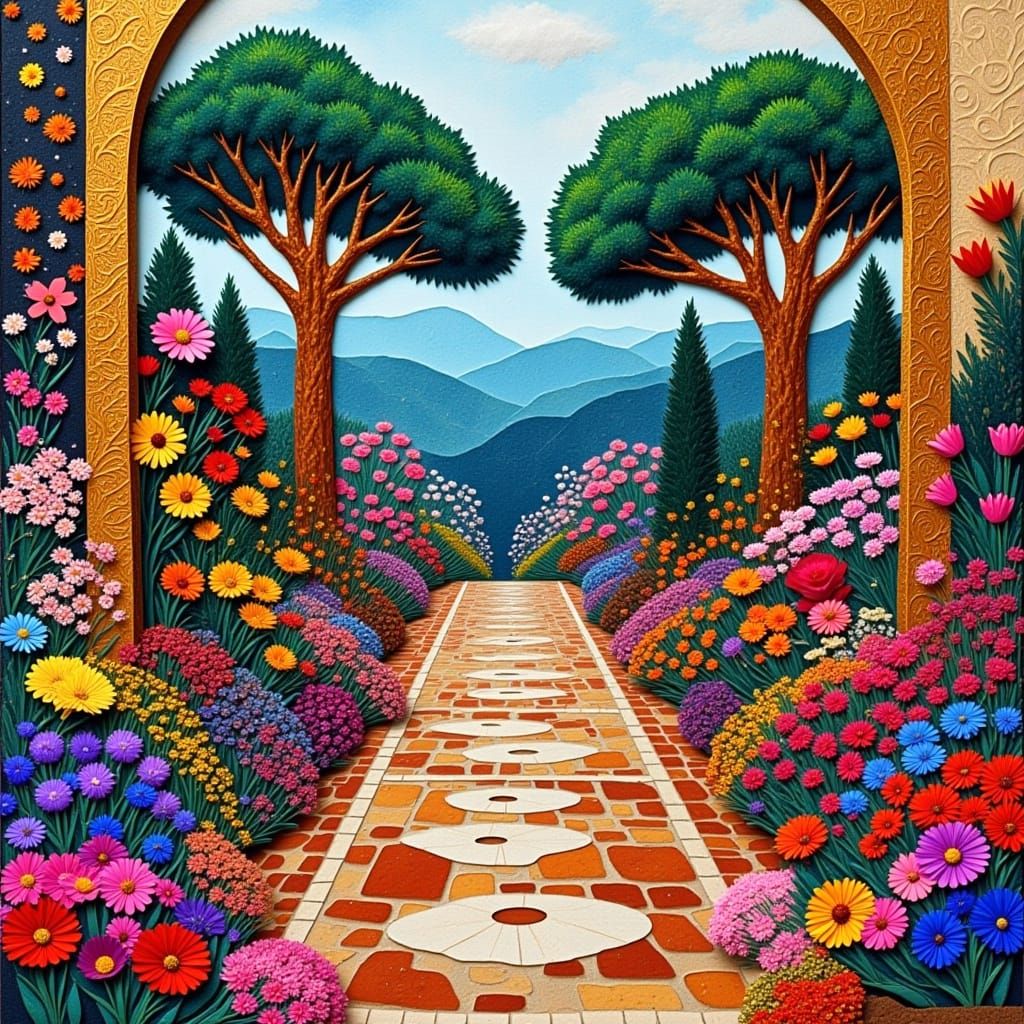 Abstract Italian Courtyard Scene in Gold Resin and Colorful ...