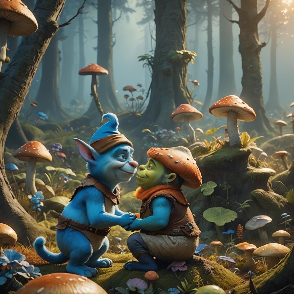 Smurf Cat Kisses Shrek: Detailed Matte Painting
