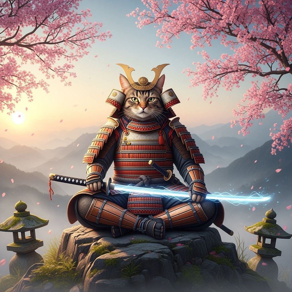 Samurai Cat Meditating on Misty Mountain Peak