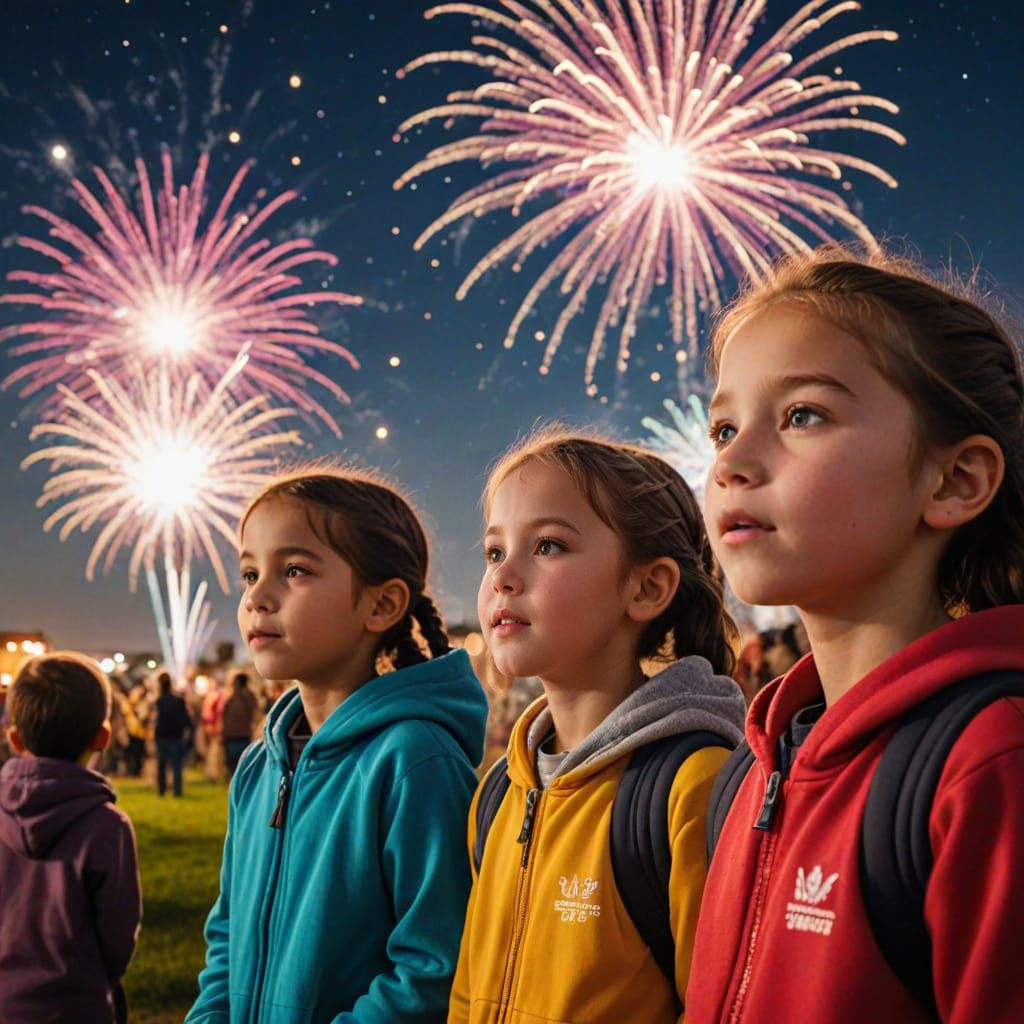 Children's Joyful Celebration Under Starry Night Sky