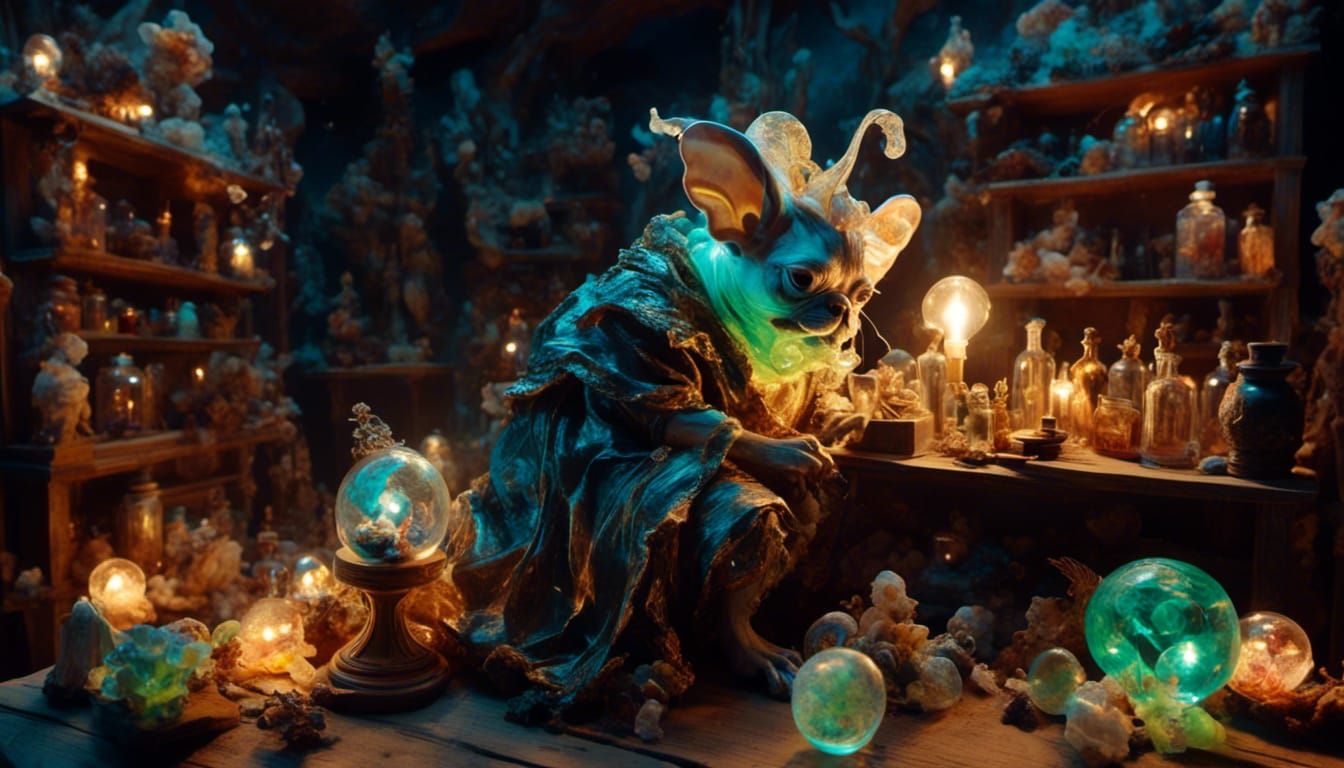 Pug in Wizard Lab with Potion Bottles, Photorealistic