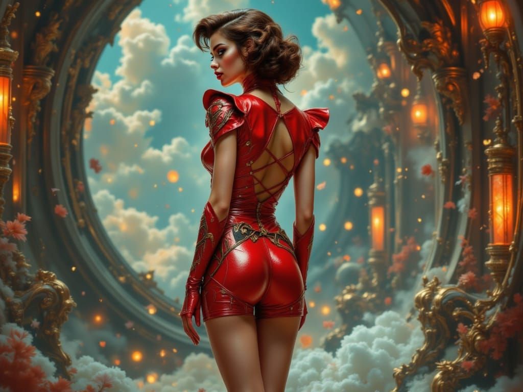 Rococo Pinup Woman in Retro Sci-Fi Space Ship