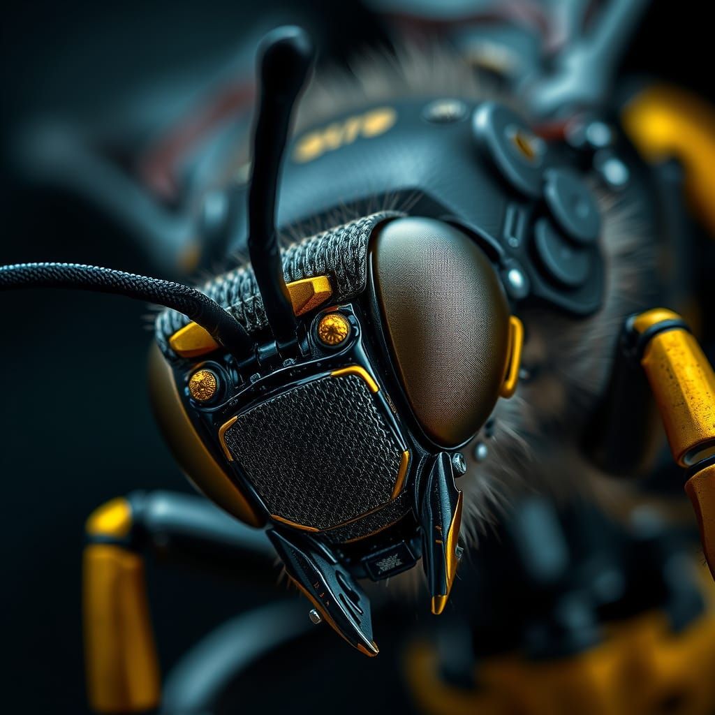 Robot Bee in Hyperrealistic Macro Photography