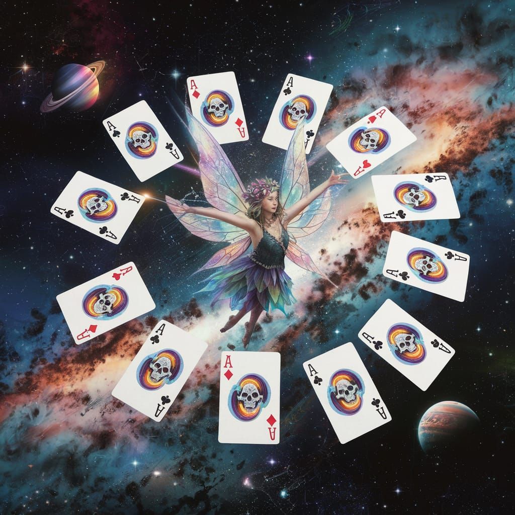 Fairy Magically Controls Deck of Cards in Cosmic Sky