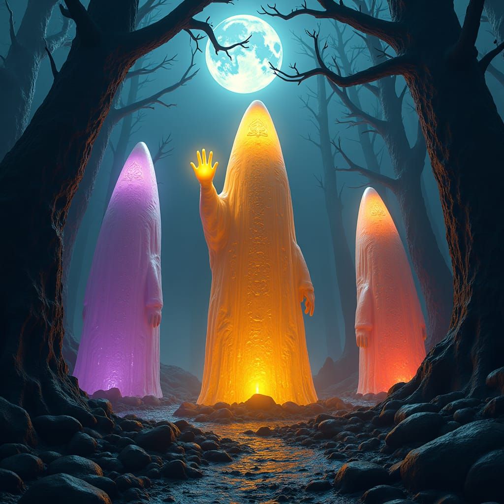 Gemstone Candy Corn Figures in Ethereal Forest