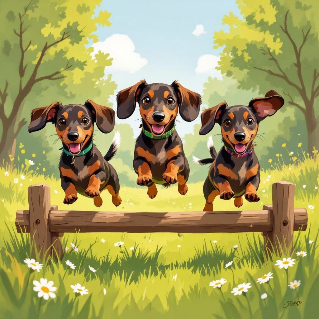 Adorable Dachshunds Leaping Over a Rustic Jump in a Sunny Pa...