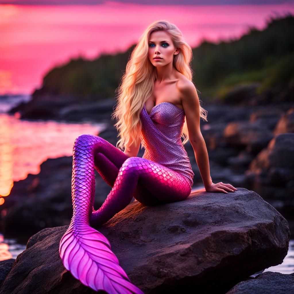 Pink Mermaid sitting on a rock under sunset