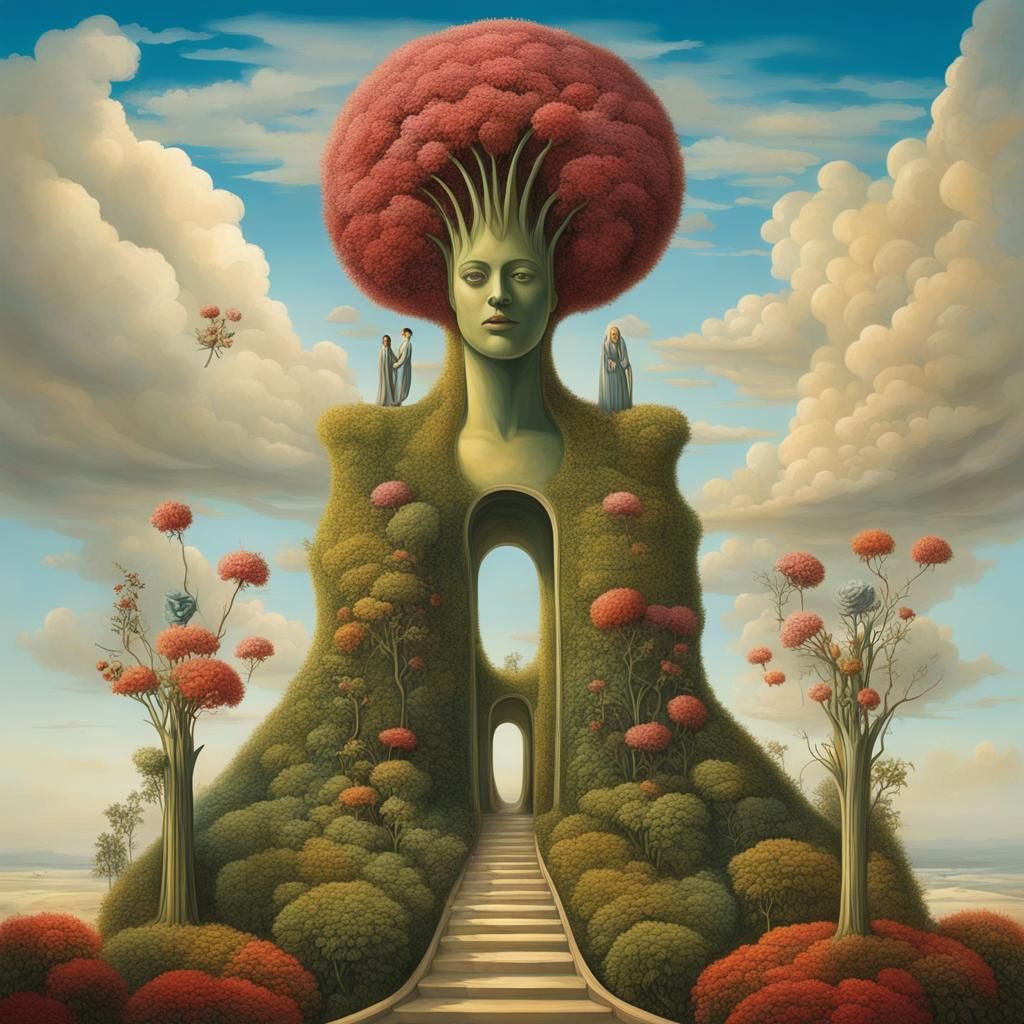 Surreal Garden with Female Monuments in Dreamlike Style