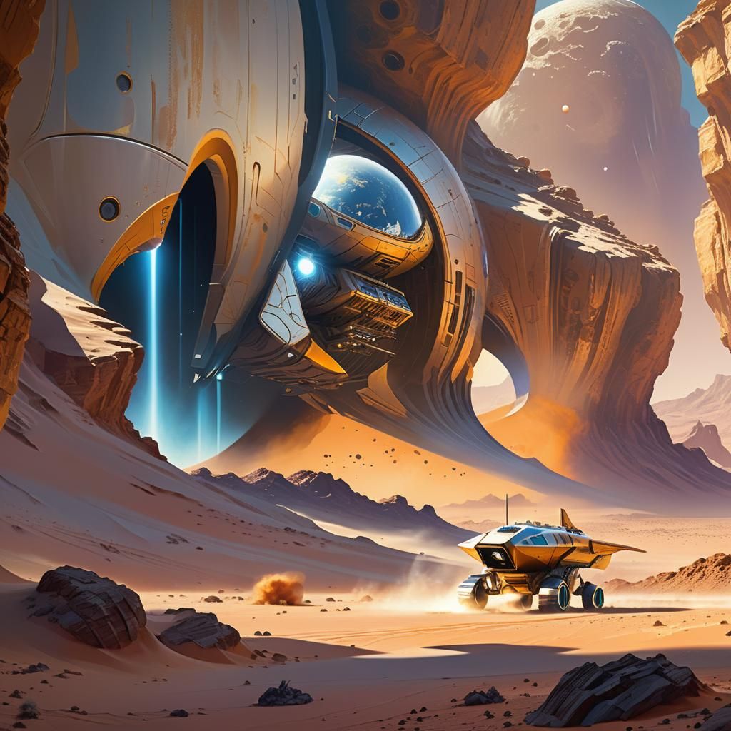 Spaceship Over Moon With Desert Mirage, Digital Art