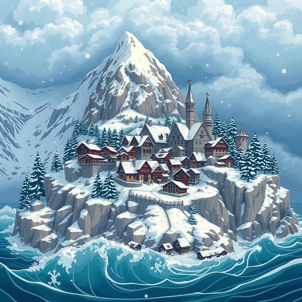 Snowy Mountain Village: 2D Vector Art