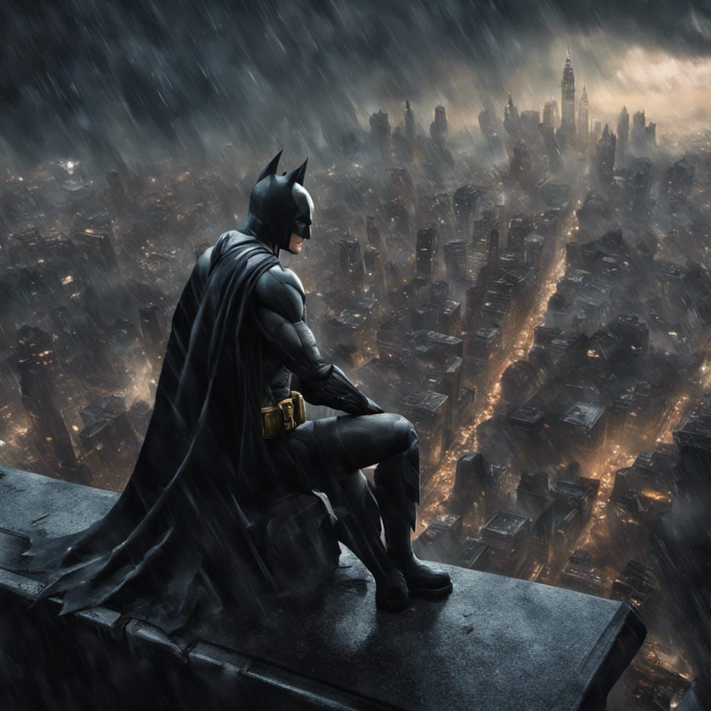 Batman Overlooking Gotham City in the Rain