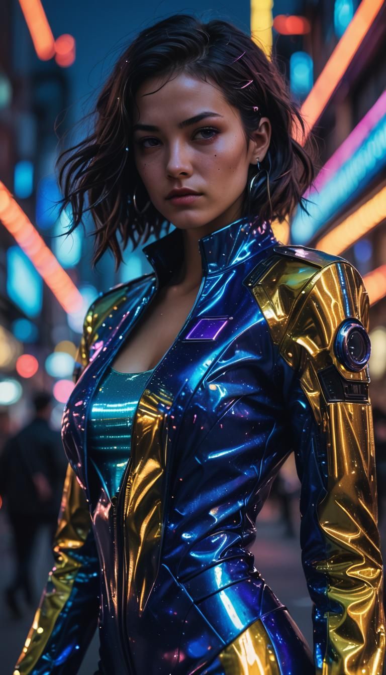 Woman in Solarpunk City at Night in Cyberpunk Style