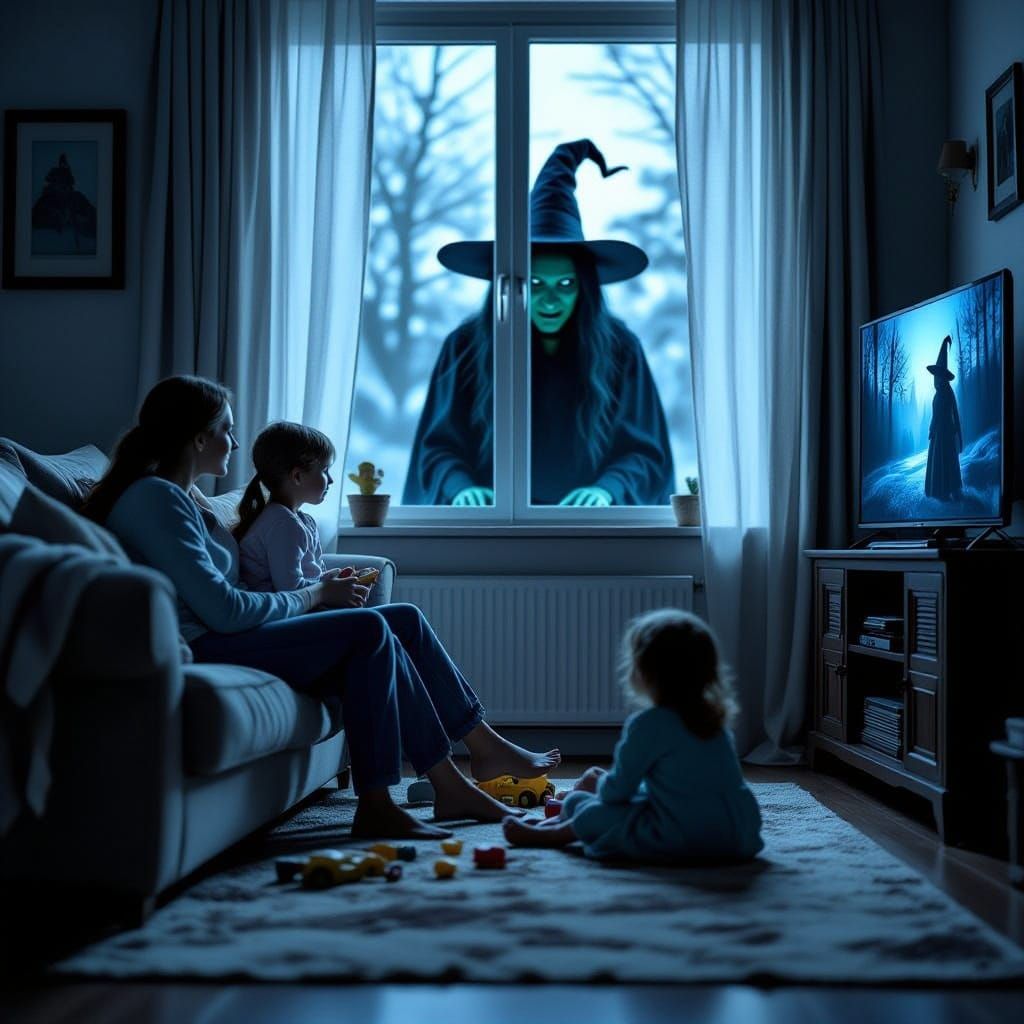 Family TV Scene with Witch Intrusion Horror Photo