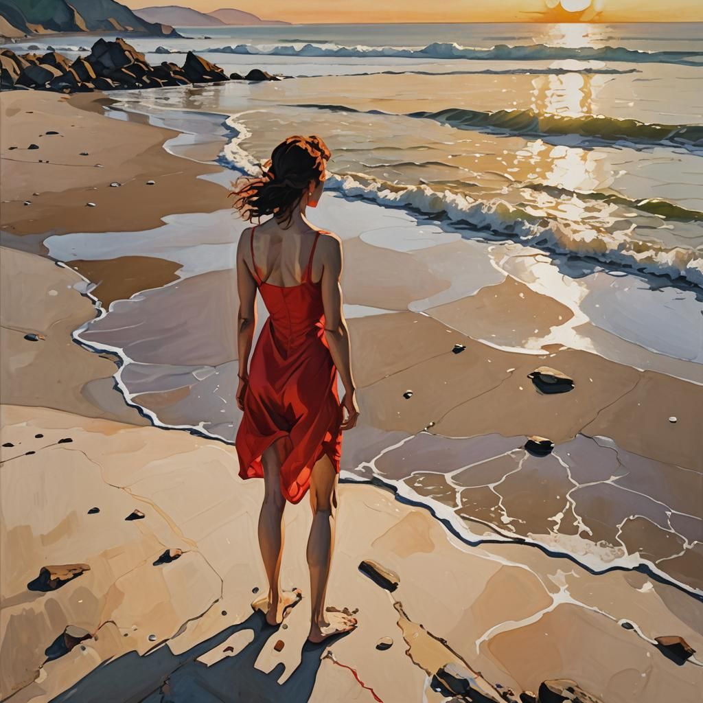 Expressionist Painting of Woman on Pebble Beach at Sunrise
