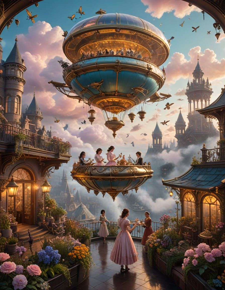 Steampunk Airship Garden Soars Over a Victorian Cityscape