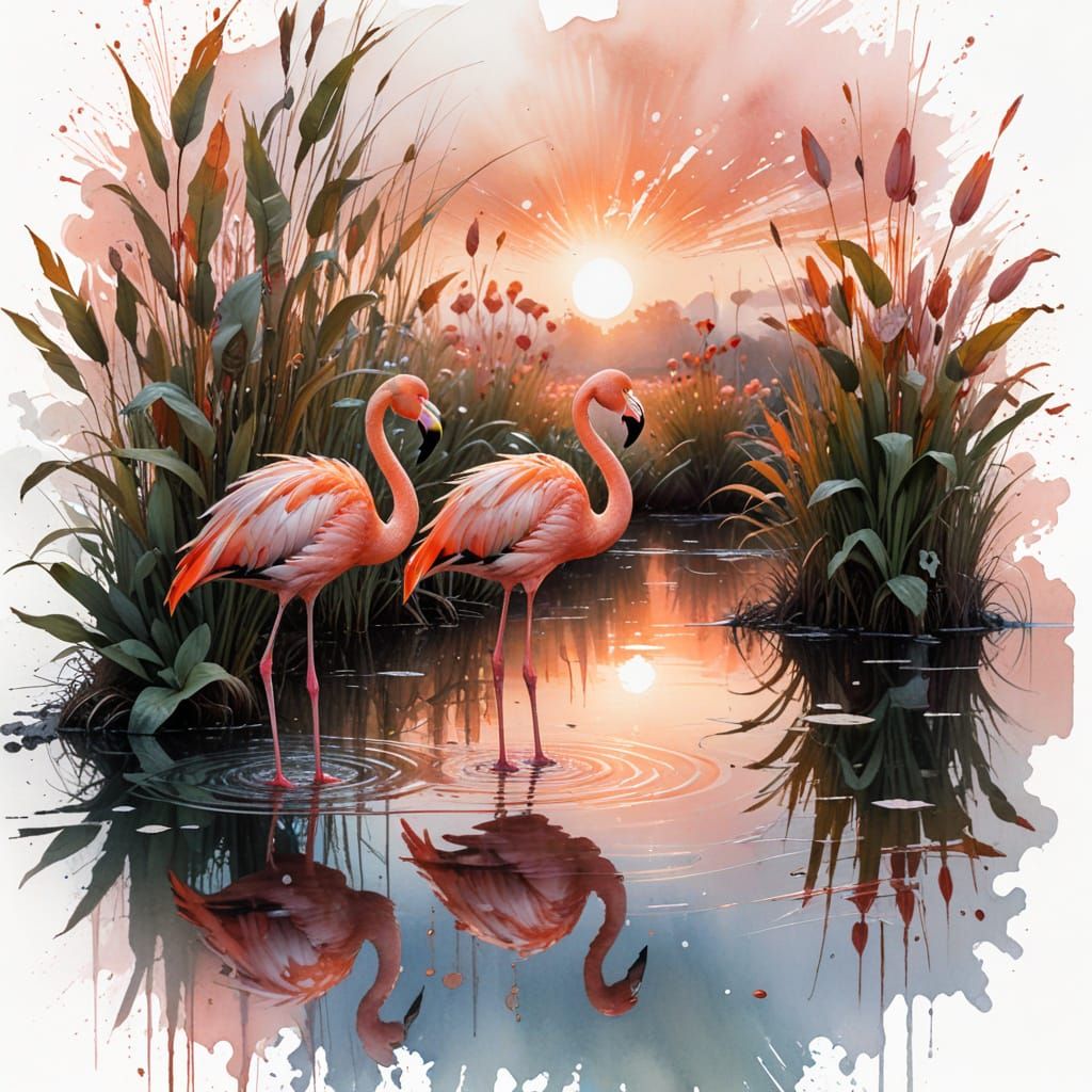 Flamingo Peachicks at Sunrise Lagoon with Coral-Peach Wash