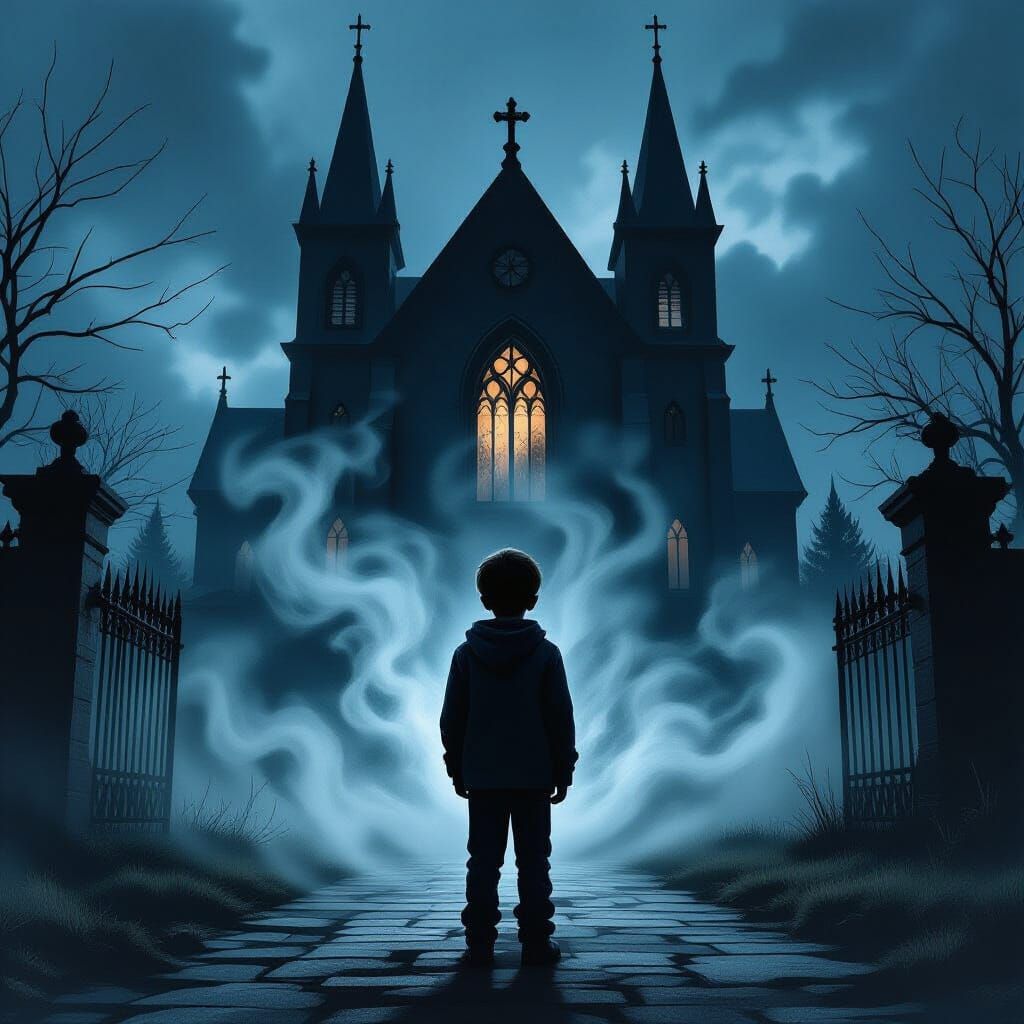 Psychological Thriller Book Cover: Boy Before Gothic Church