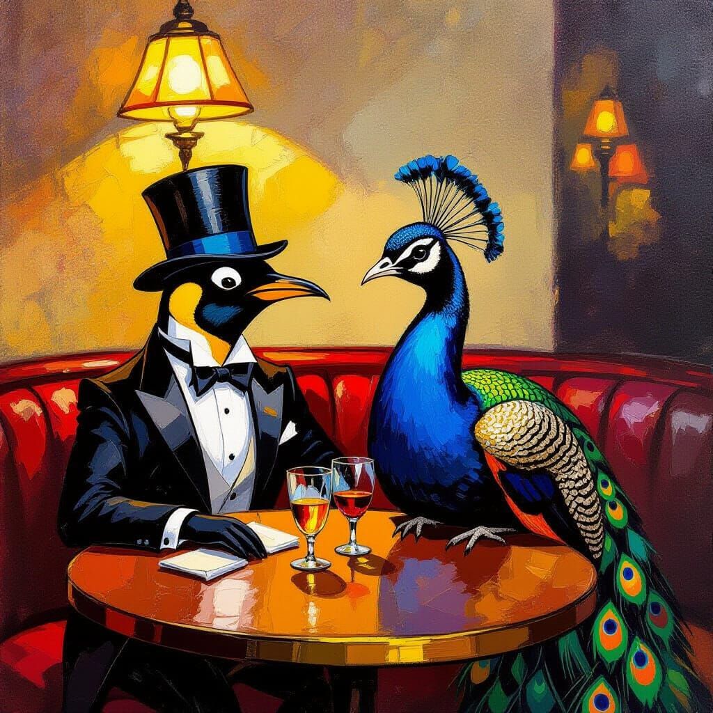 Whimsical Bar Scene: Penguin and Peacock in Oil
