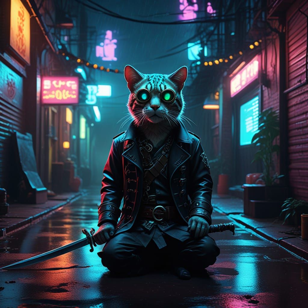 Bioluminescent Pirate in Neon Alleyway: Vaporwave Art