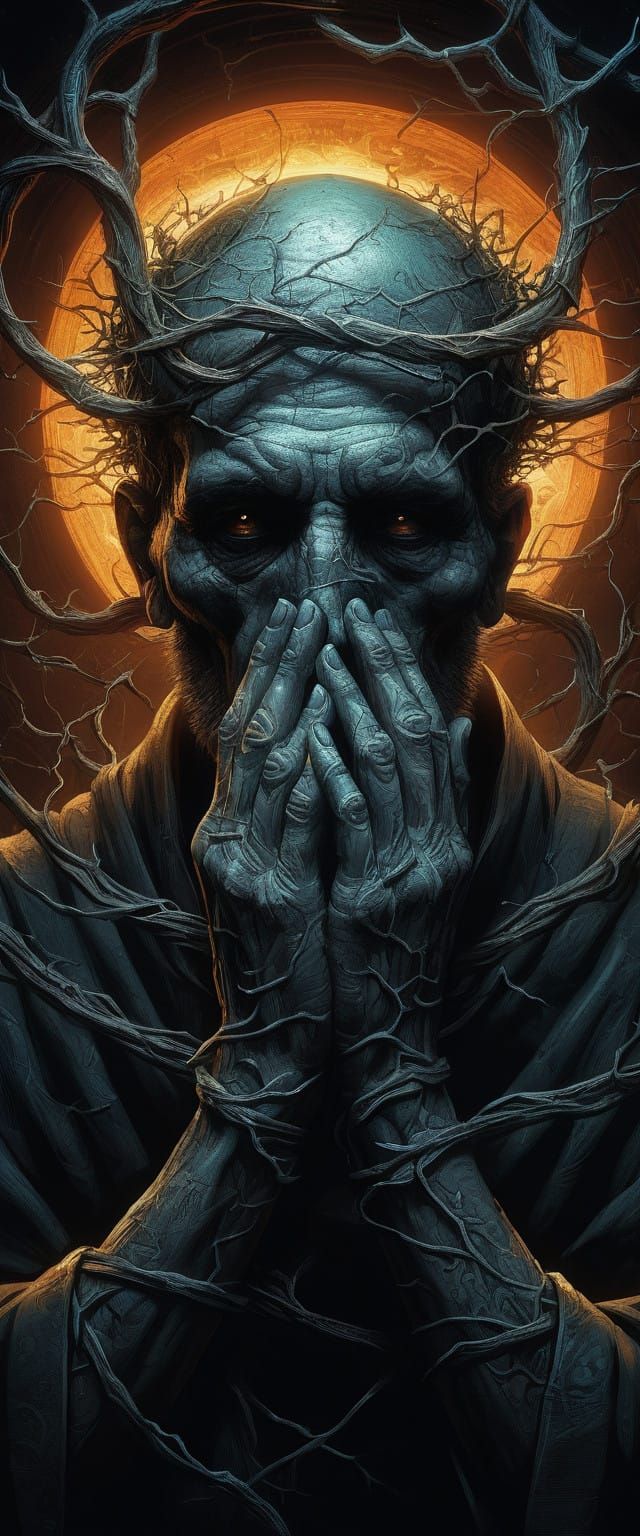 Artist Ensnared by Sinister Vines and Thorns in a Dark, Gloo...