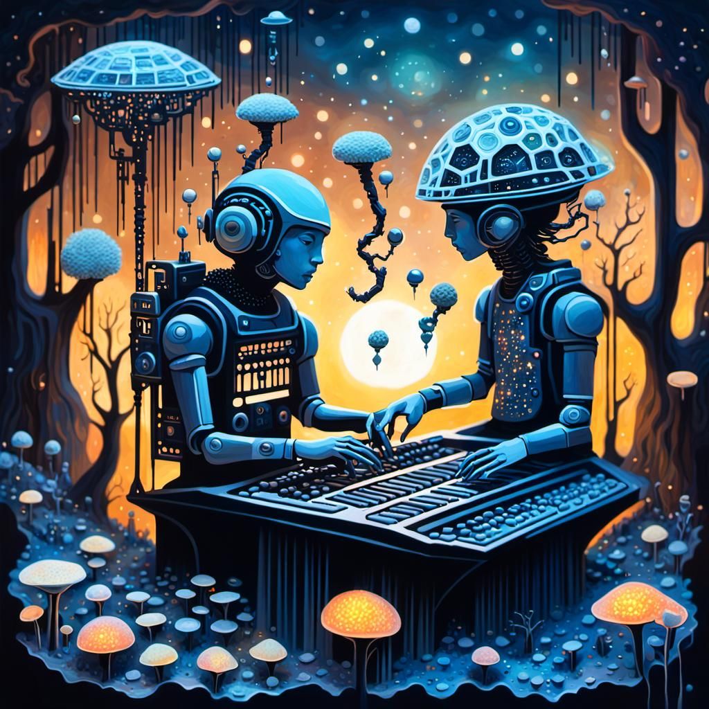 Ethereal Figures Compose Poems in Sunset Galaxy