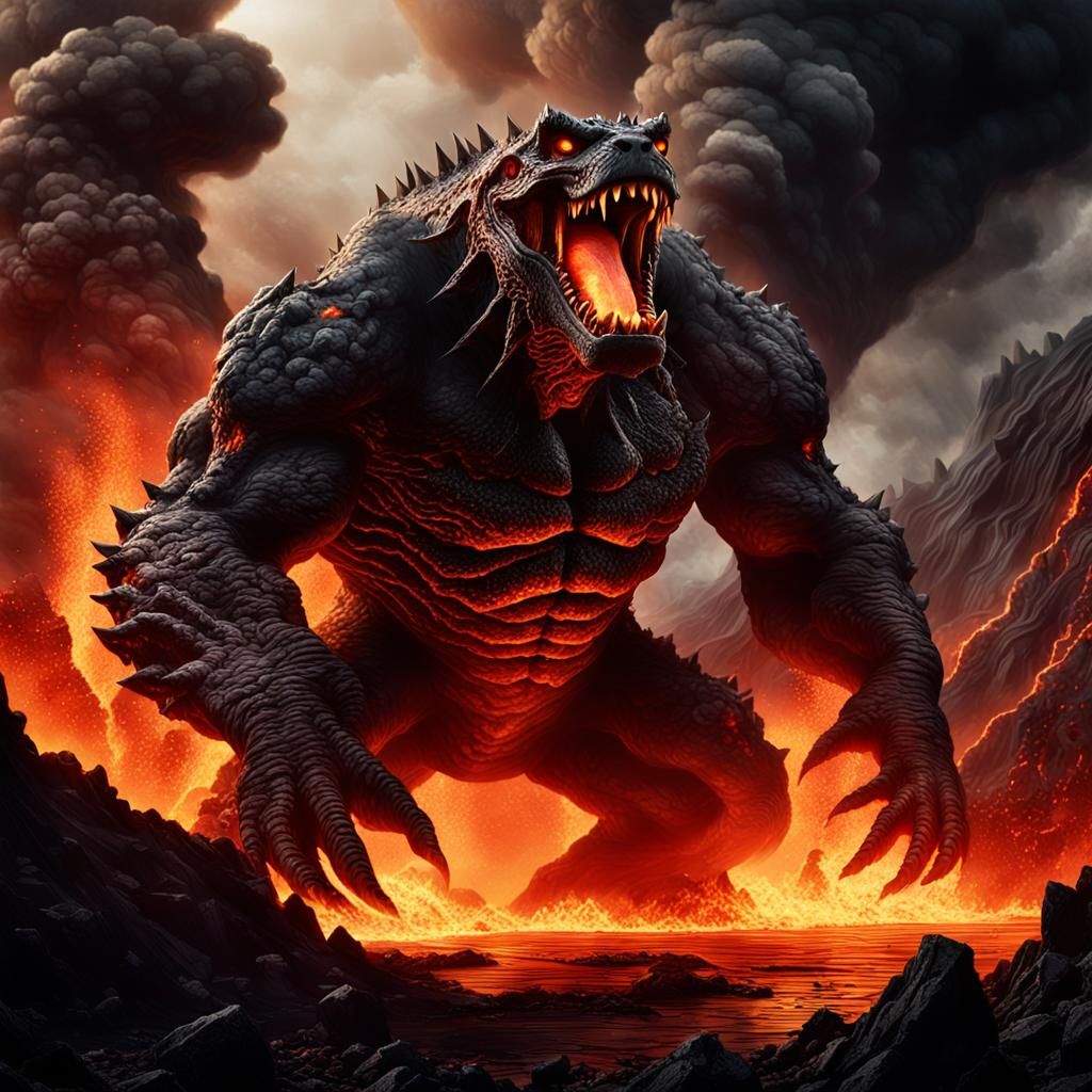 Hellish Beast Rising from Fiery Pit of Lava