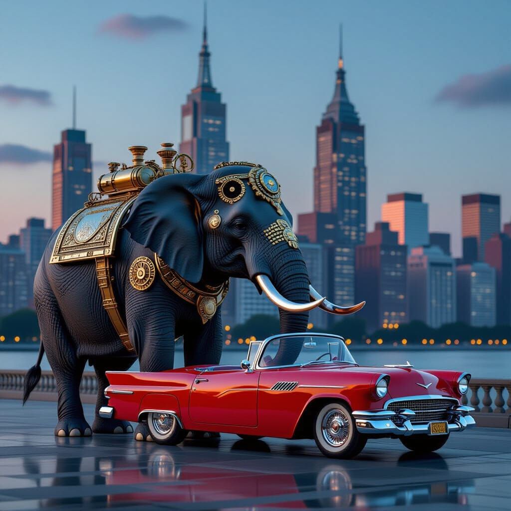 Steampunk Elephant with Vintage Car by Art Deco Skyscrapers