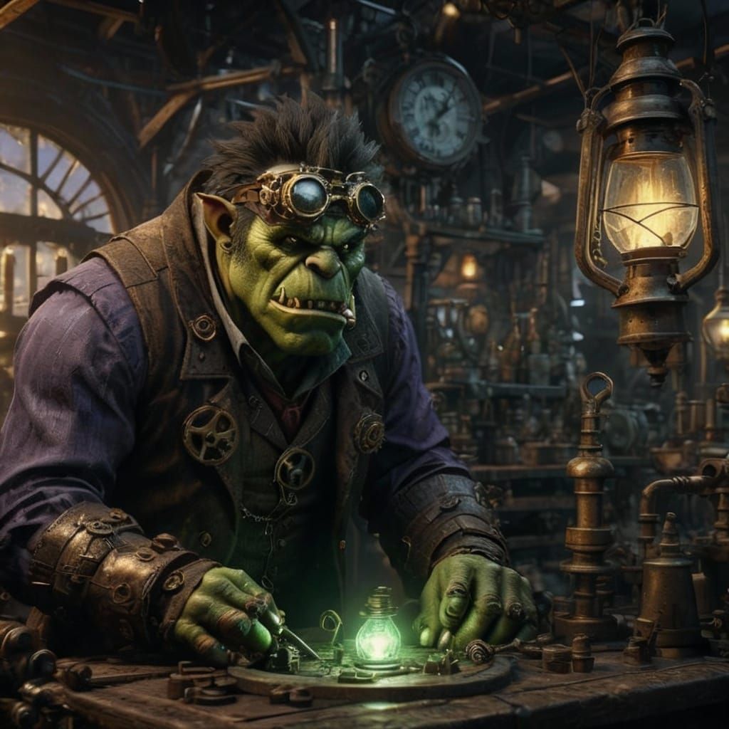 Steampunk Orc Scientist in Lantern-Lit Workshop