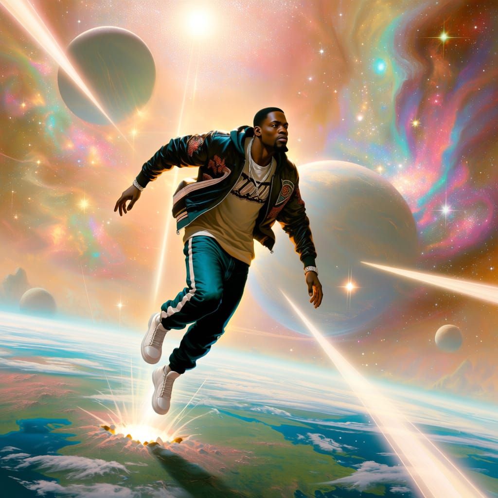Black Man in Hip-Hop Gear Soaring Through Space