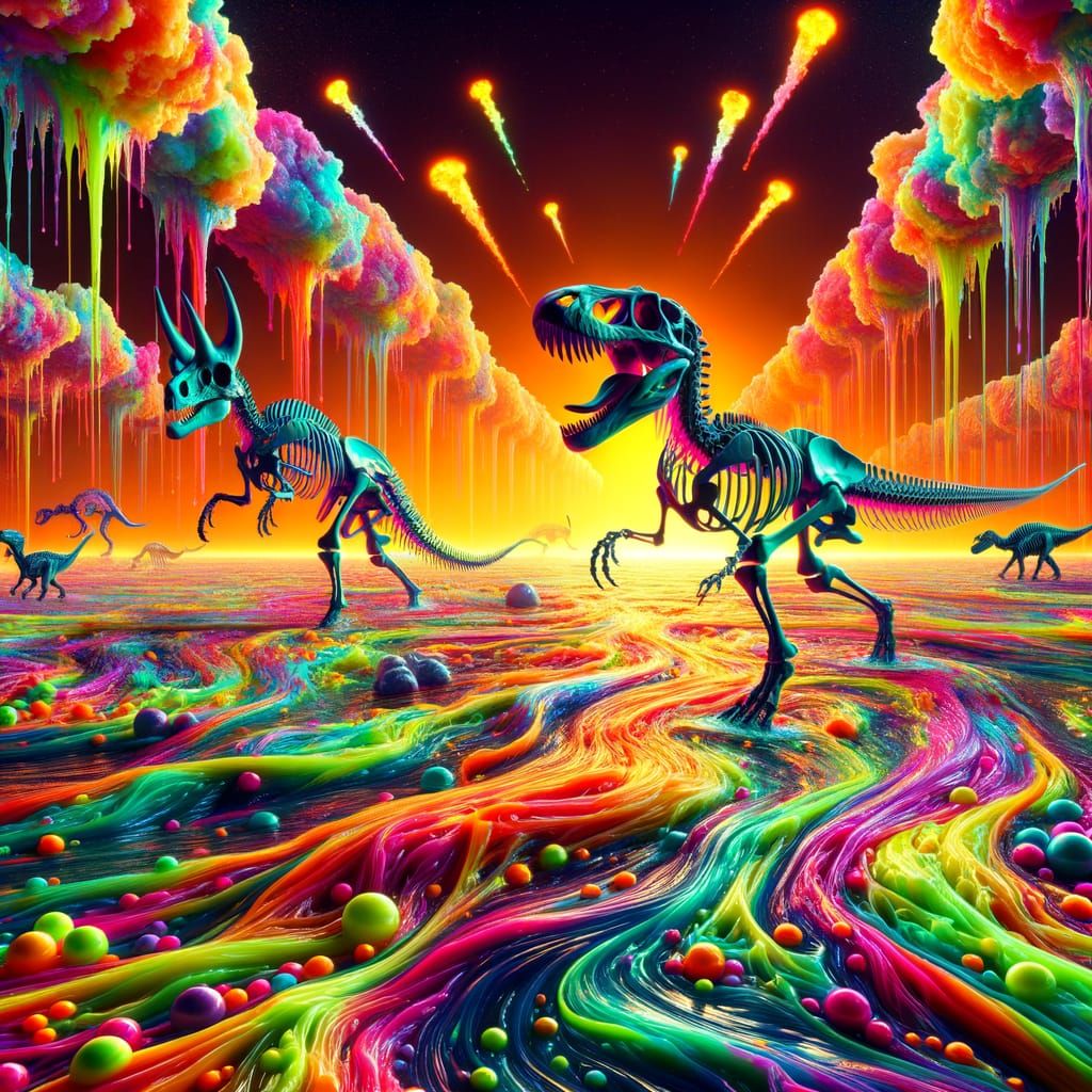 Neon Wax Dinosaurs in Molten River