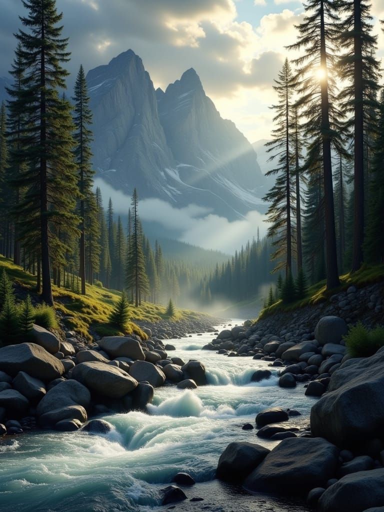 Dramatic Mountain Landscape with Sunbeams Over River