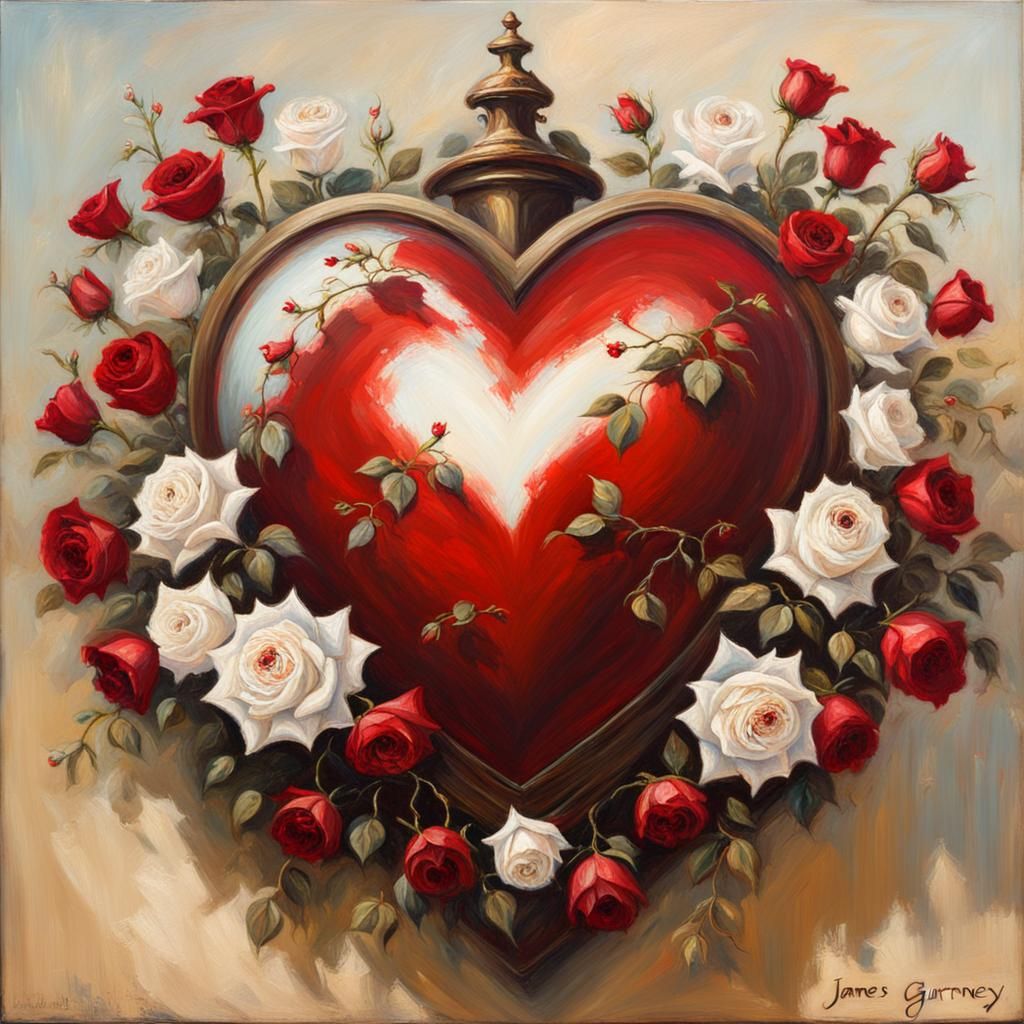 Crimson Heart Surrounded by Roses: Gothic Oil Painting