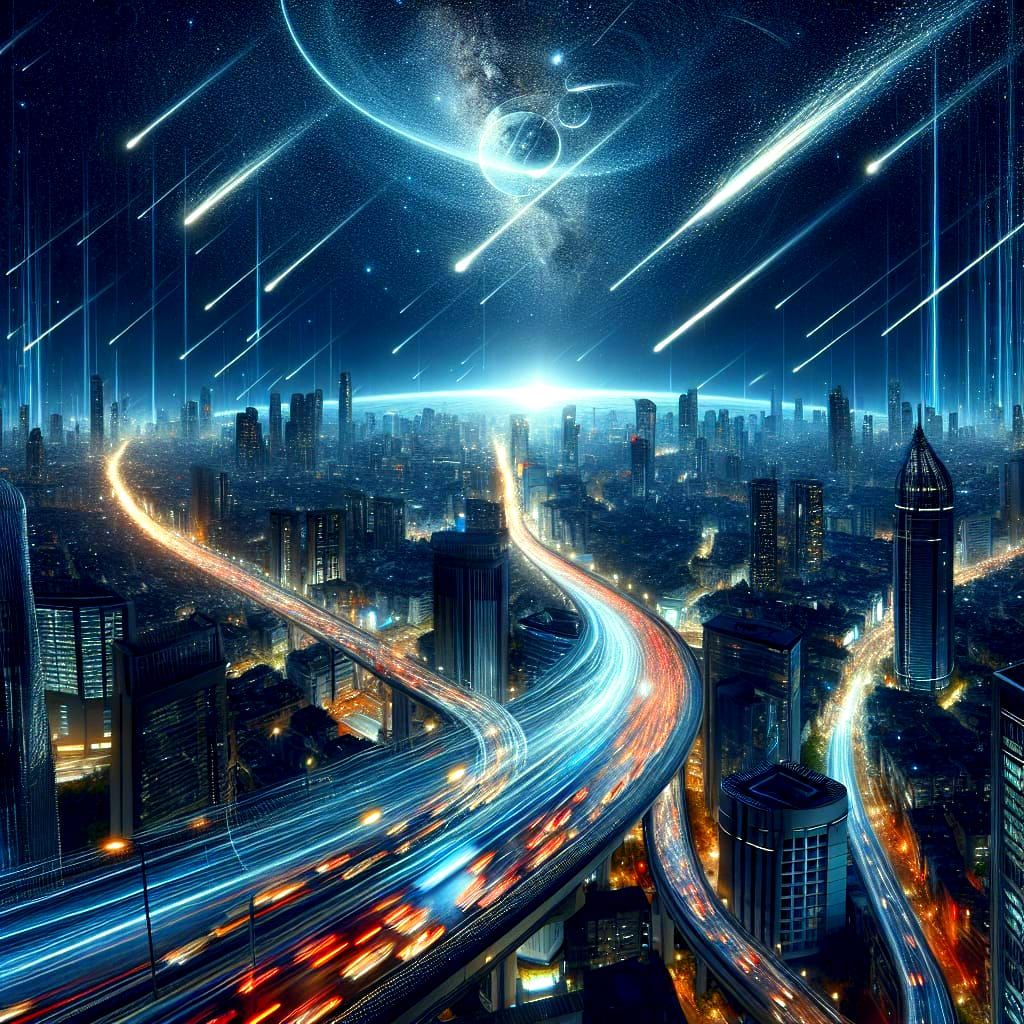 Futuristic Cityscape with Meteor Shower, Bokeh Effect