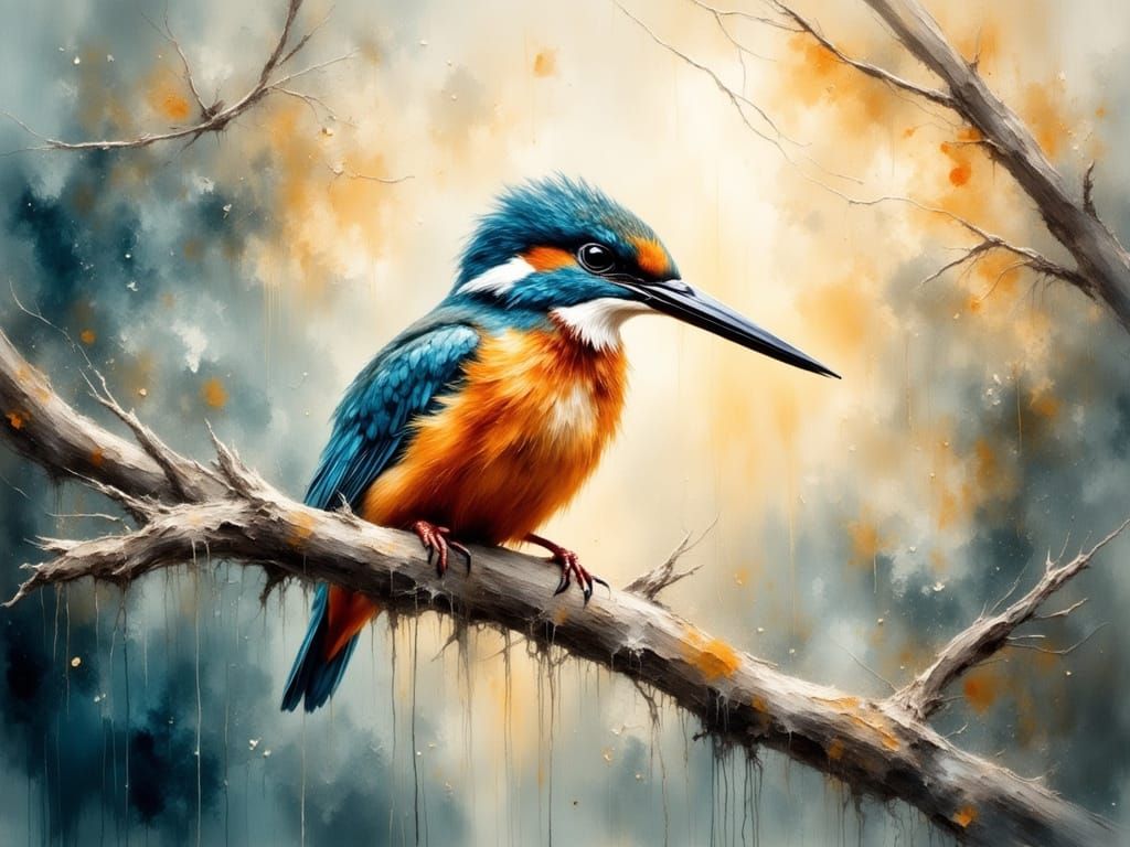 Ethereal Kingfisher on Branch in Vibrant Watercolor Style