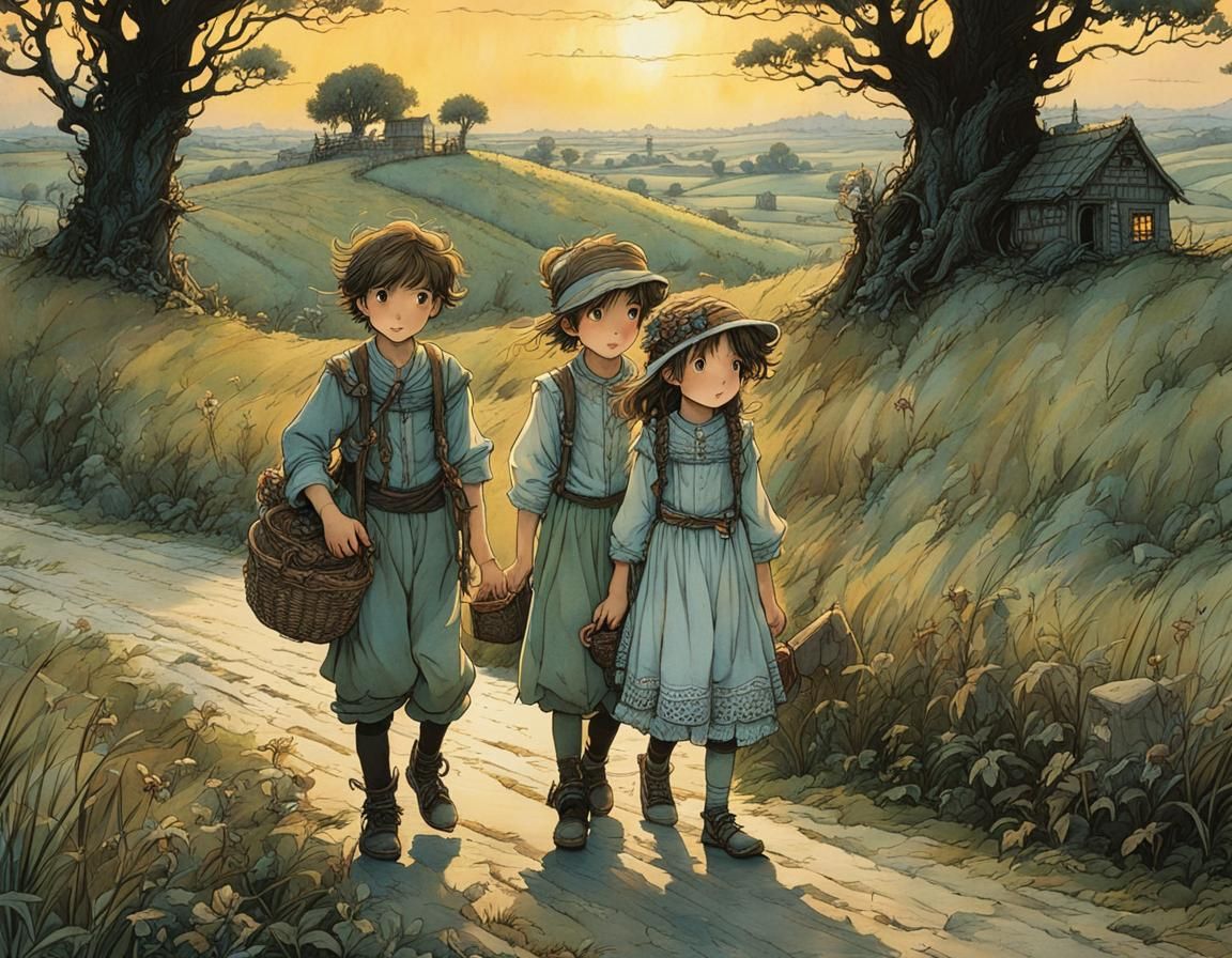 Siblings' Dreamy Countryside Adventure at Dusk