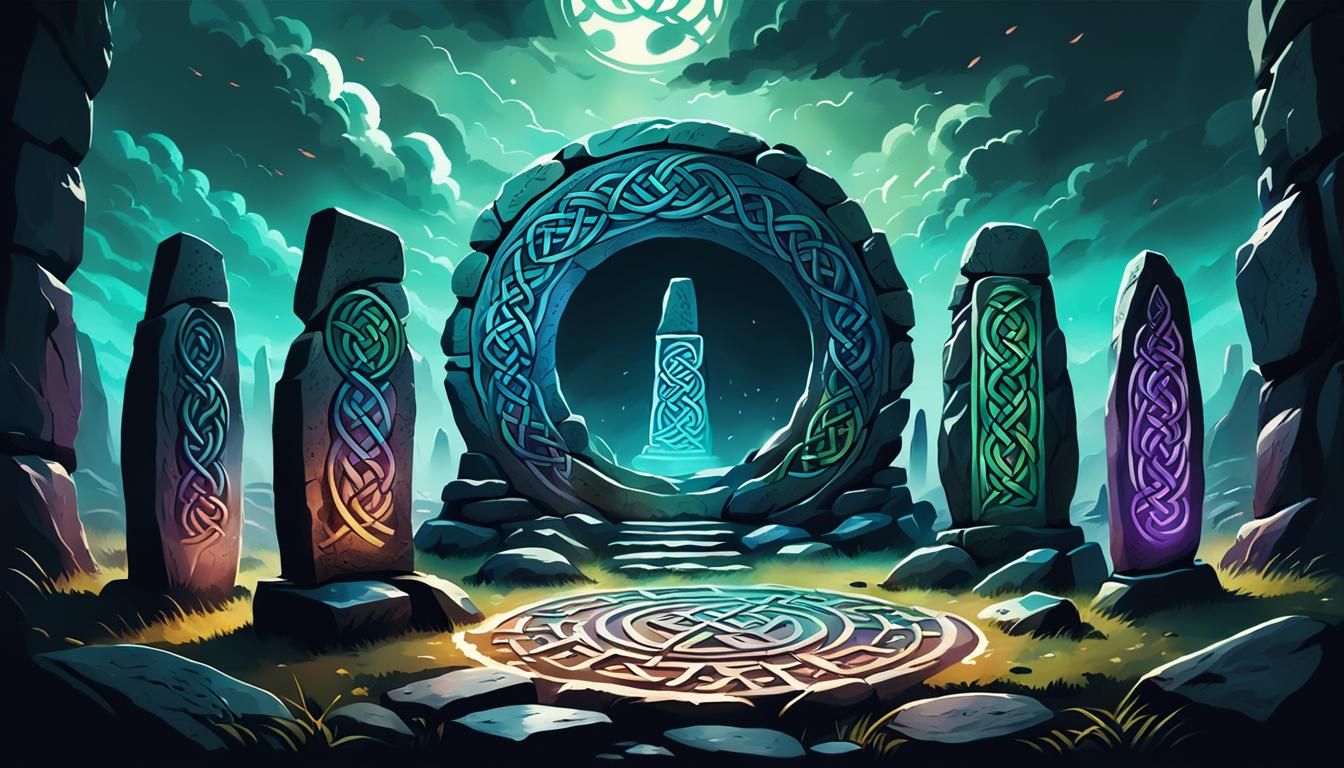 Celtic Knotwork Standing Stones in Dark Fantasy Style