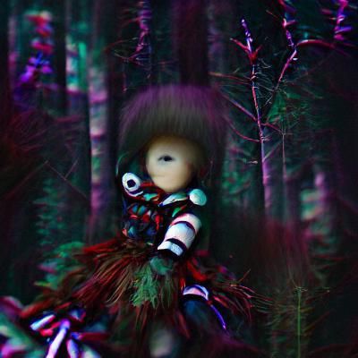 Eerie Doll in Dark and Misty Forest