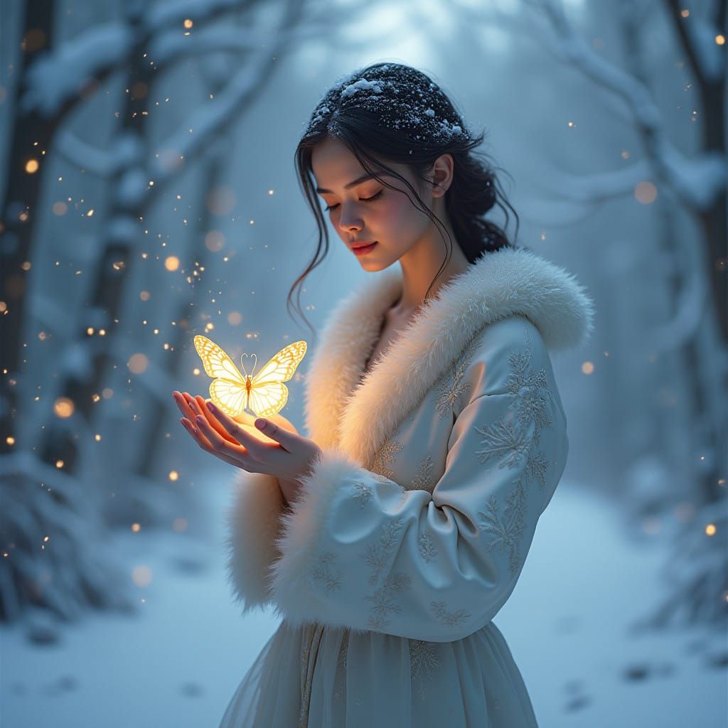 A Young Woman Holds a Glowing Butterfly Amidst Winter Wonder
