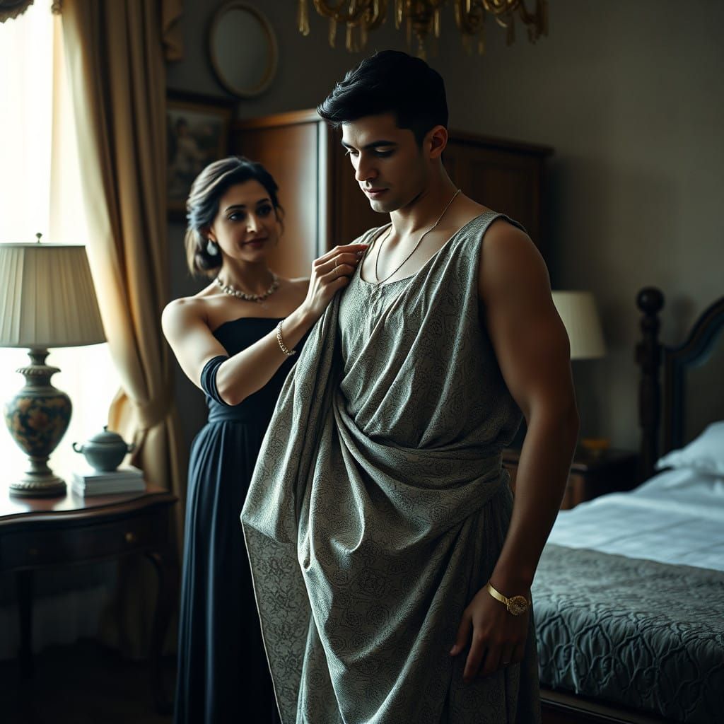 Mother Guides Son in Elegant Bedroom Setting