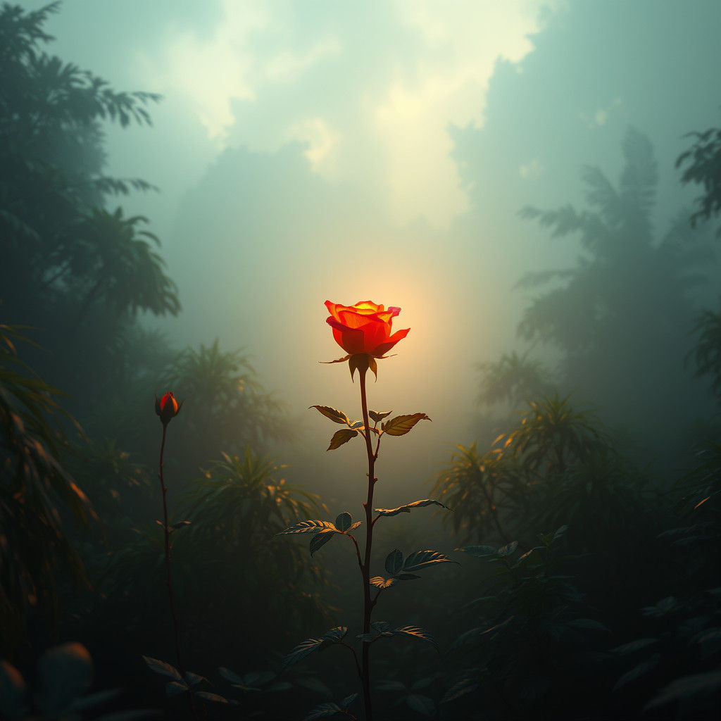 Rose Blooms in Dystopian Jungle Landscape